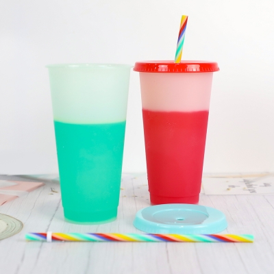 Biansebao 5 in 1 colored 710ml cold color changing pp plastic straw cup